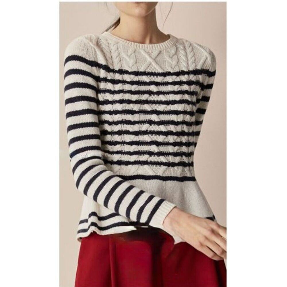 MASSIMO DUTTI Striped Cable Knit Peplum Sweater in White Size M